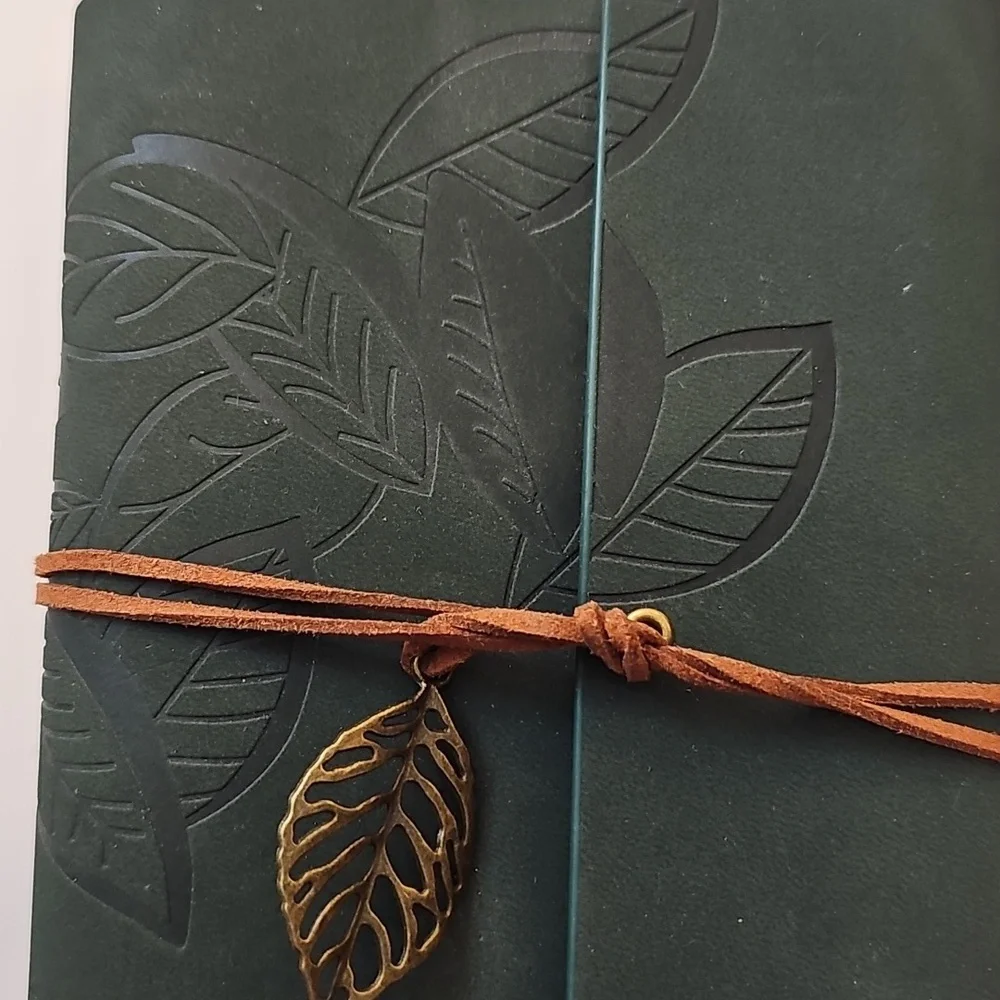 Green Leaf Embossed Faux Suede Leather Journal with Leaf Charm Emerald Green